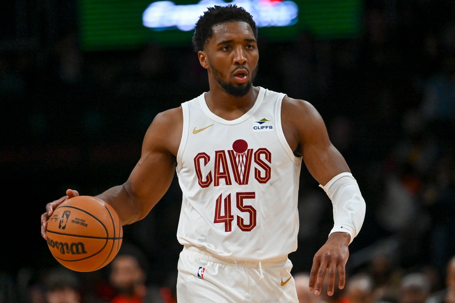 Feb 25, 2024; Washington, District of Columbia, USA; Cleveland Cavaliers guard Donovan Mitchell (45) dribbles up the court during the first half against the Washington Wizards at Capital One Arena. Mandatory Credit: Tommy Gilligan-USA TODAY Sports